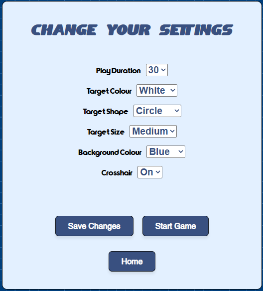 Aim Trainer settings page