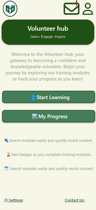 Volunteer Hub home screen