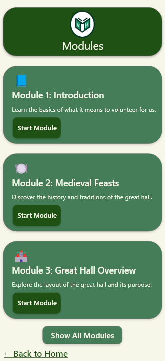 Volunteer Hub modules screen