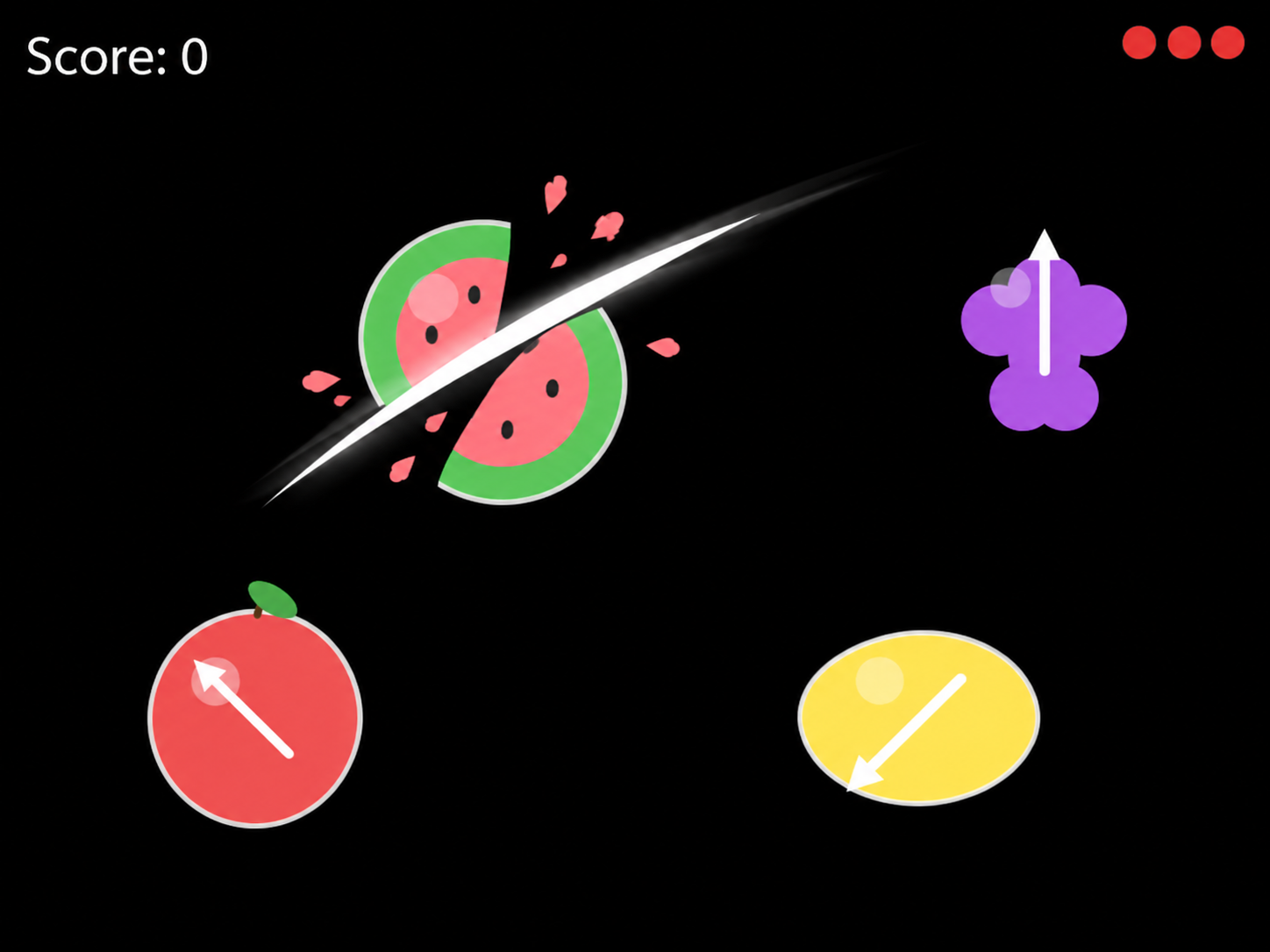 Flow Blade gameplay screen with fruit, score and lives
