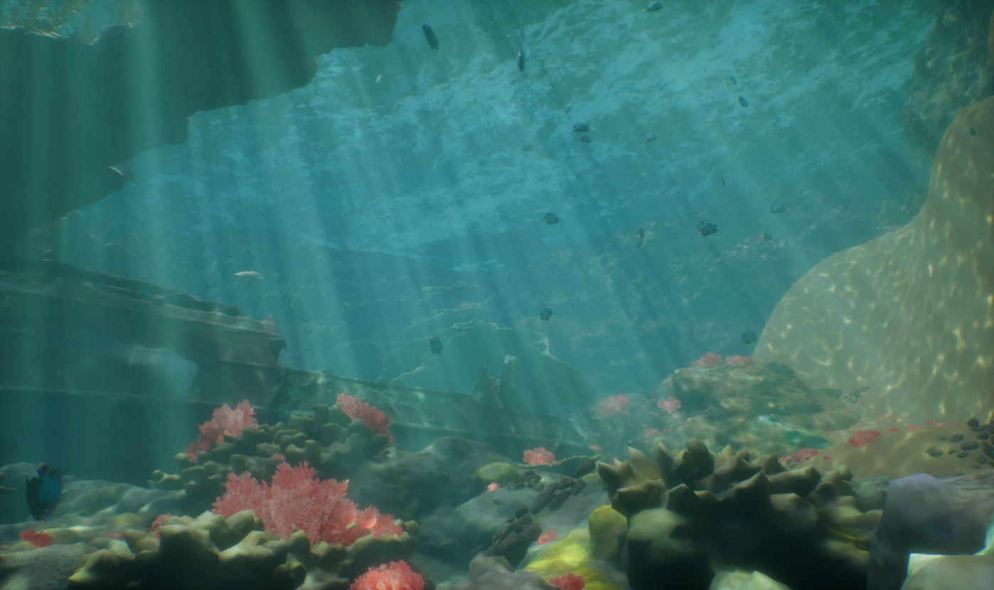 Underwater scene from Tidal with coral, rocks and soft lighting