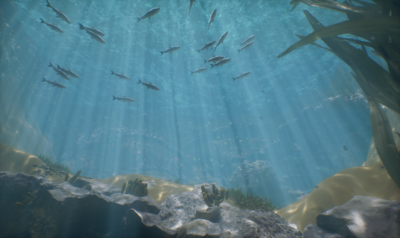 Open-water scene from Tidal with fish and underwater lighting